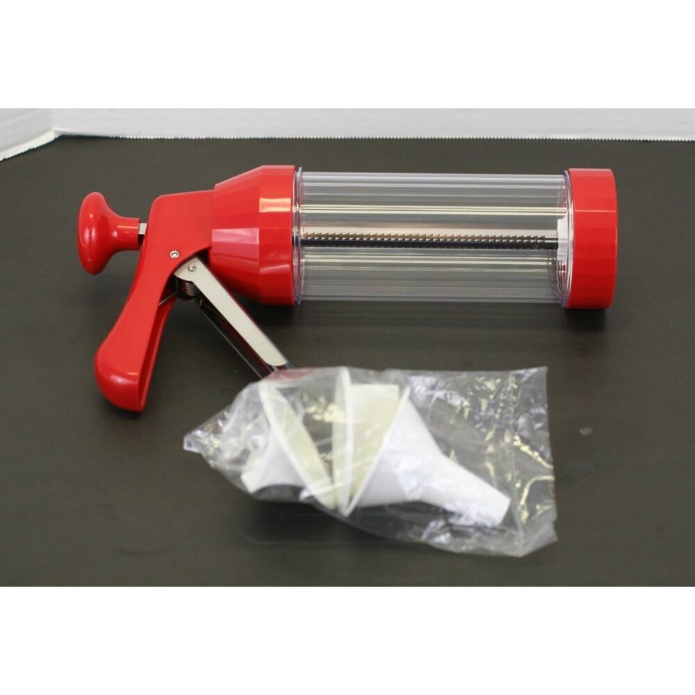 VTG Plastic Cookie Press Biscuit Icing Maker Decorating Red 3" x 11" w Tips NOS